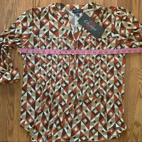 COCOMO Medium Brown Orange White 3/4 sleeve women's Pintuck Blouse top shirt - Picture 13 of 16